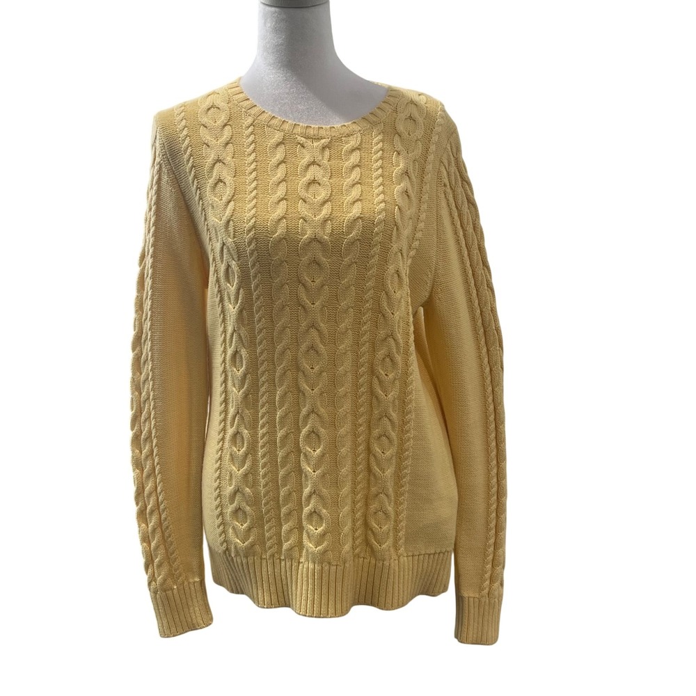 L.L. Bean Butter Yellow Sweater Cable Knit Cotton Crewneck Women's Medium Preppy